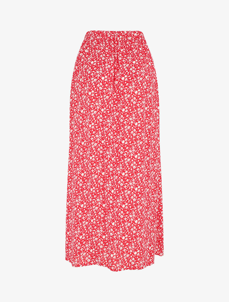 Jupe midi fleurie évasée à boutons - Rouge - 2