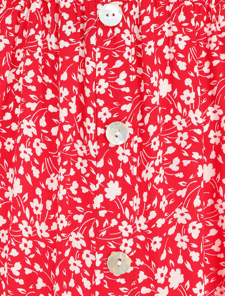 Jupe midi fleurie évasée à boutons - Rouge - 3
