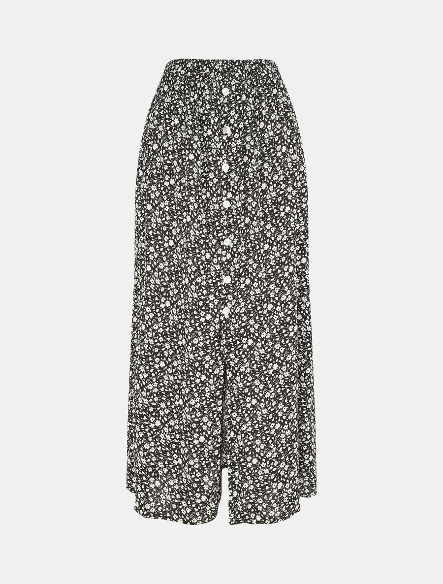 Jupe midi fleurie évasée à boutons - Noir - 1