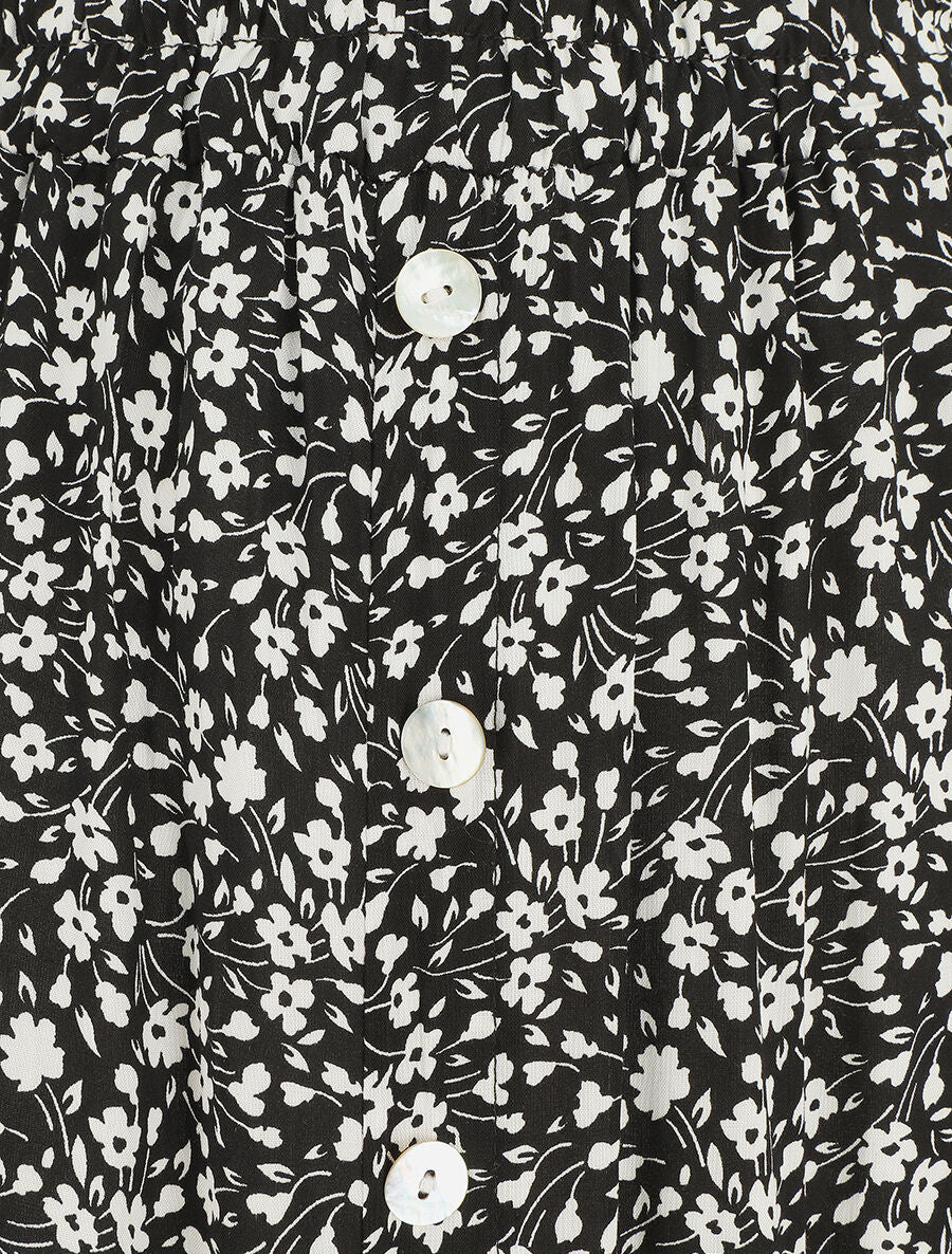 Jupe midi fleurie évasée à boutons - Noir - 3