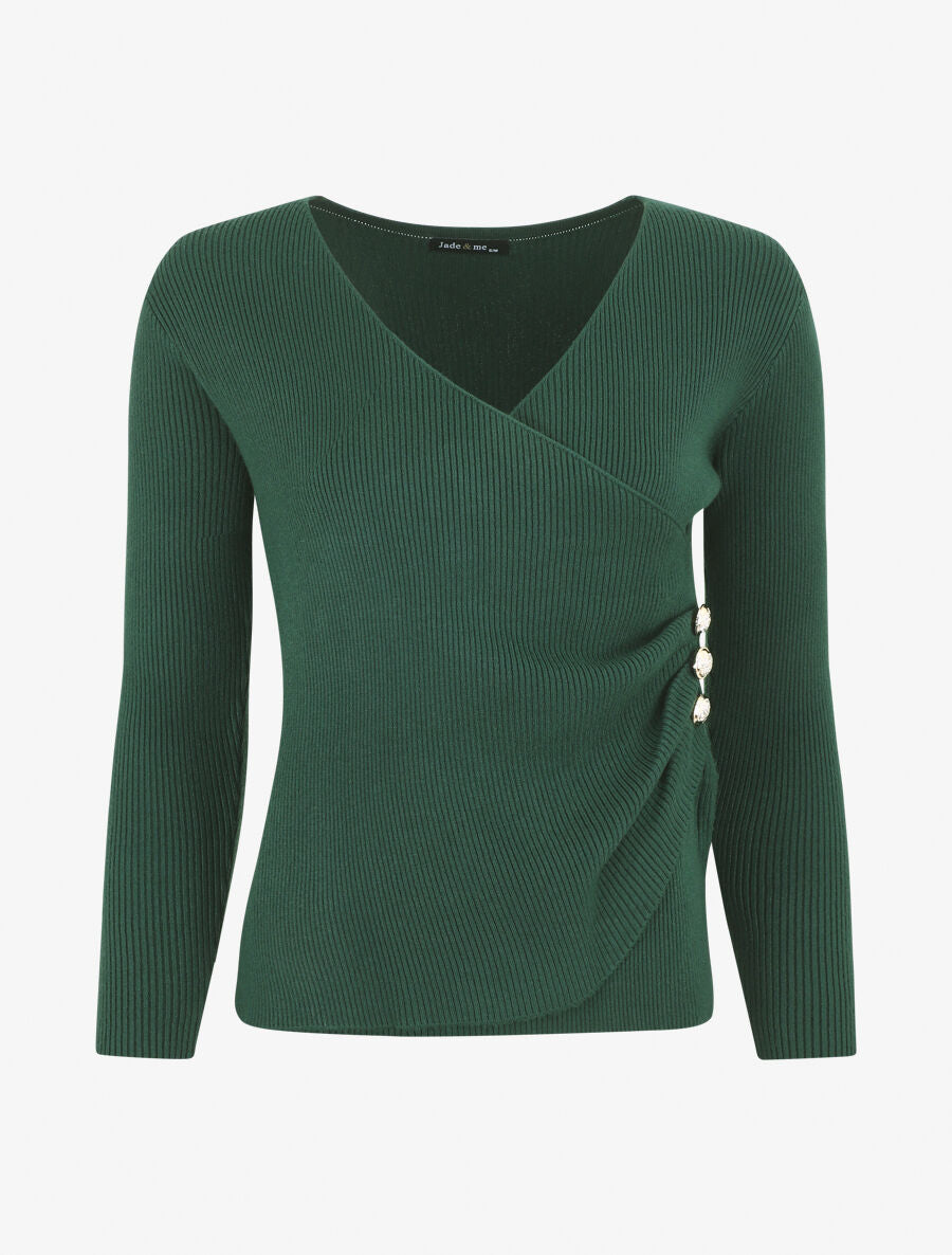 Pull côtelé col cache-coeur et boutons - Vert foncé - 6