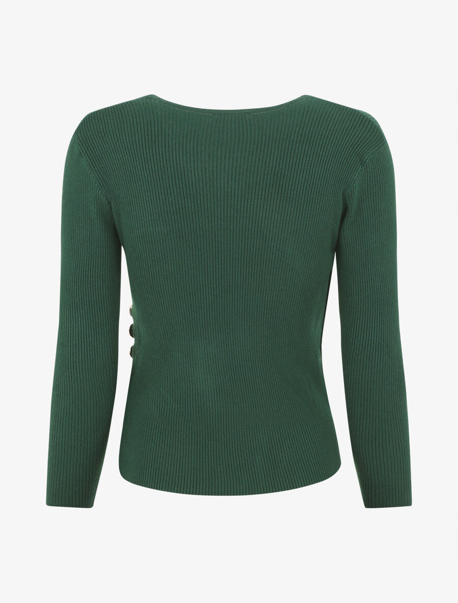 Pull côtelé col cache-coeur et boutons - Vert foncé - 2