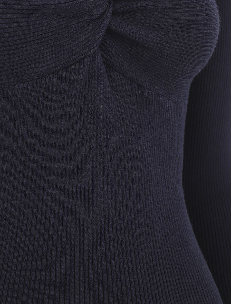 Pull fin côtelé à col nœud - Marine - 3