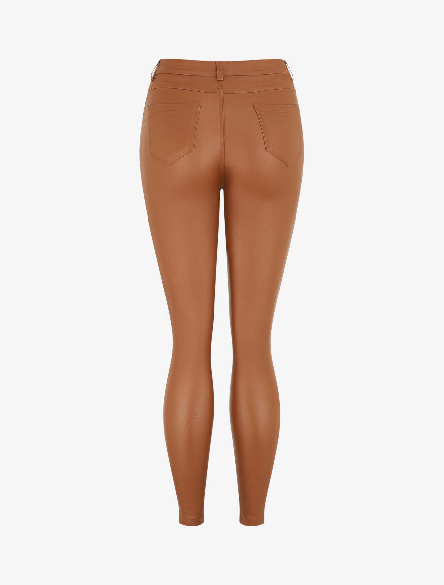 Pantalon taille haute en simili - Camel - 2