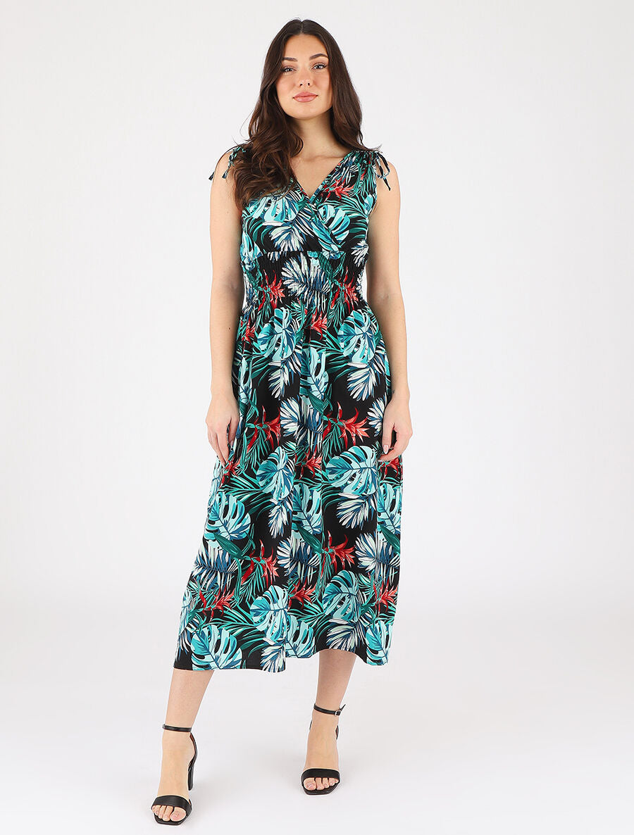 Robe longue élastiquée imprimé tropical - Bleu - 4