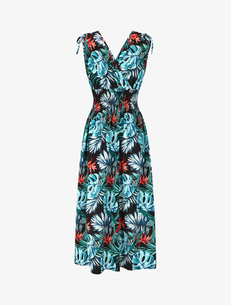 Robe longue élastiquée imprimé tropical - Bleu - 5