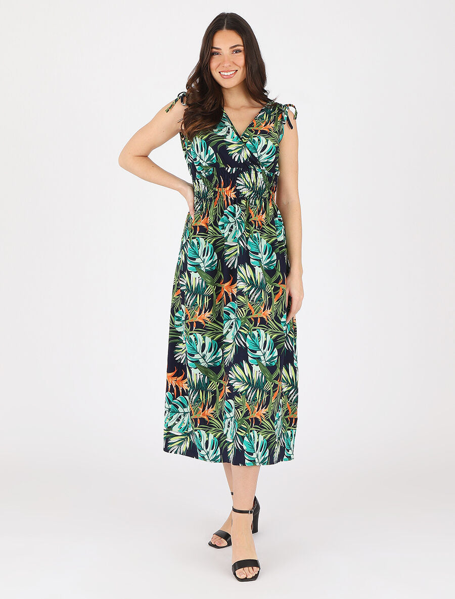 Robe longue élastiquée imprimé tropical - Vert - 4