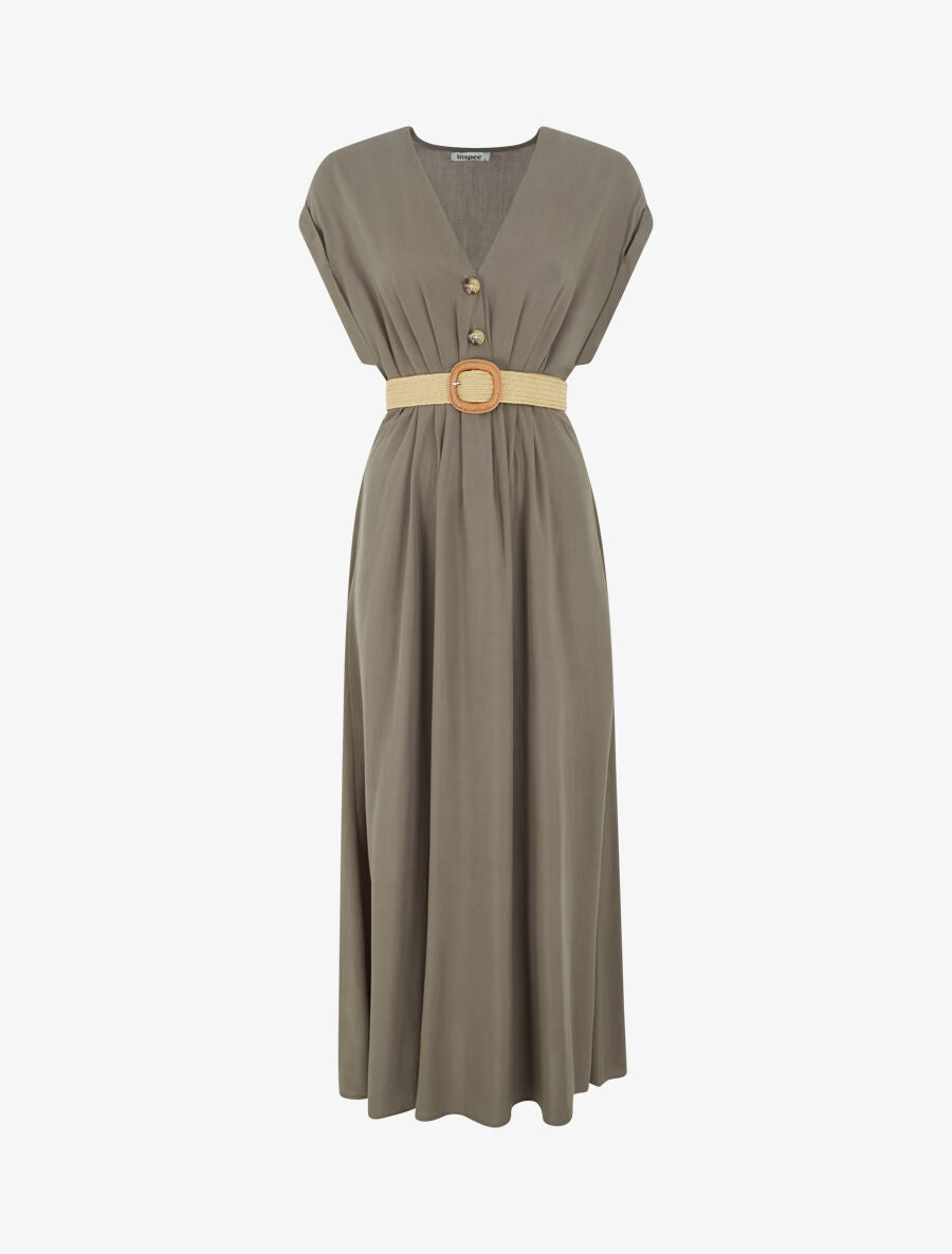 Robe longue unie élastiquée - Kaki - 1