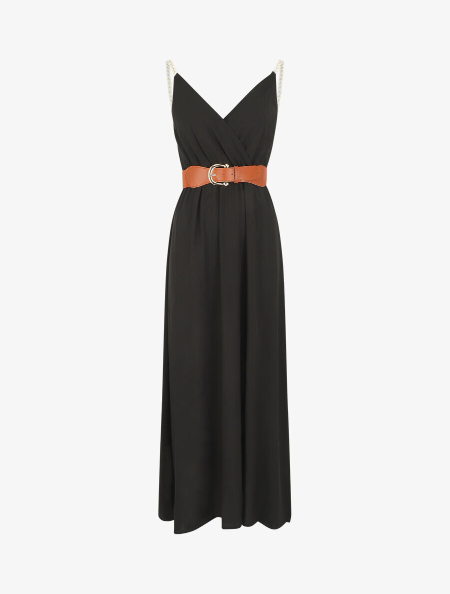 Robe longue unie à bretelles fantaisies - Noir - 1