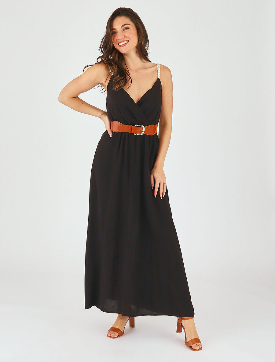 Robe longue unie à bretelles fantaisies - Noir - 4