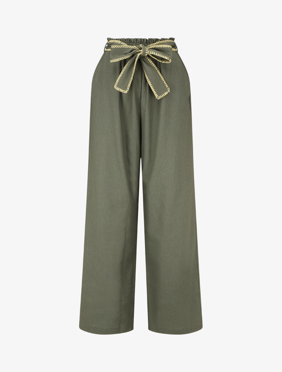 Pantalon élastiqué effet lin à ceinture stylisé - Kaki - 1