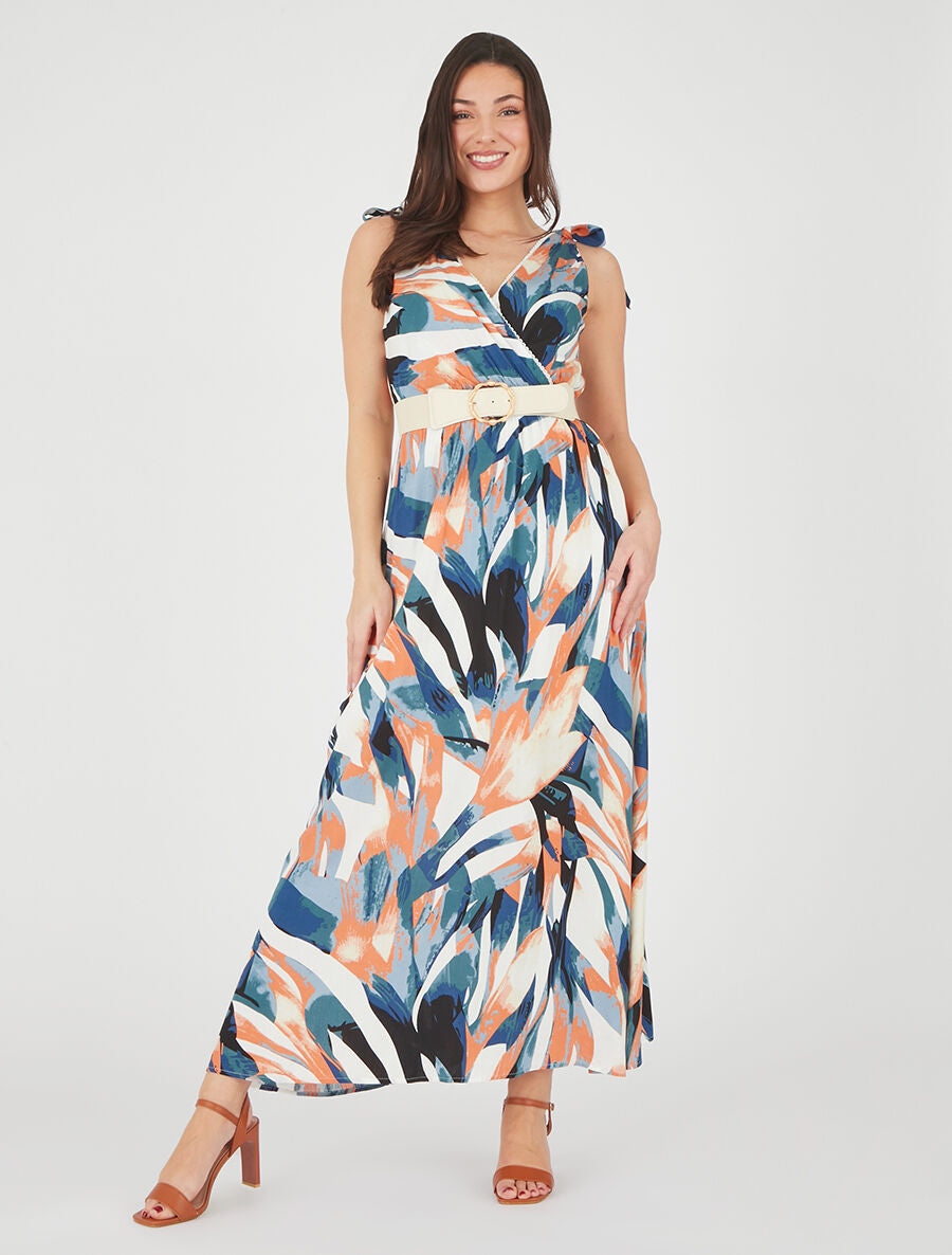 Robe imprimé abstrait à nœuds aux épaules - Corail - 4