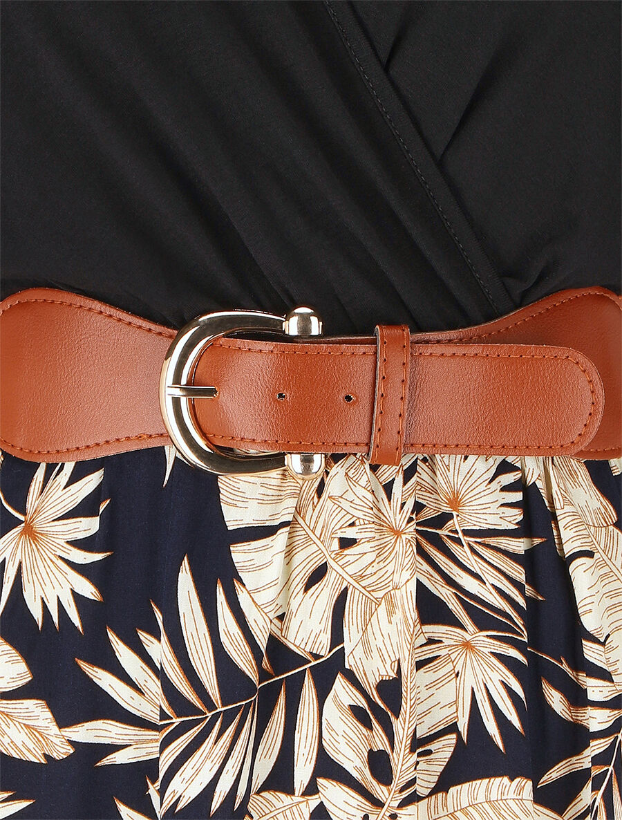 Robe mi-longue évasée imprimé tropical - Marine - 3