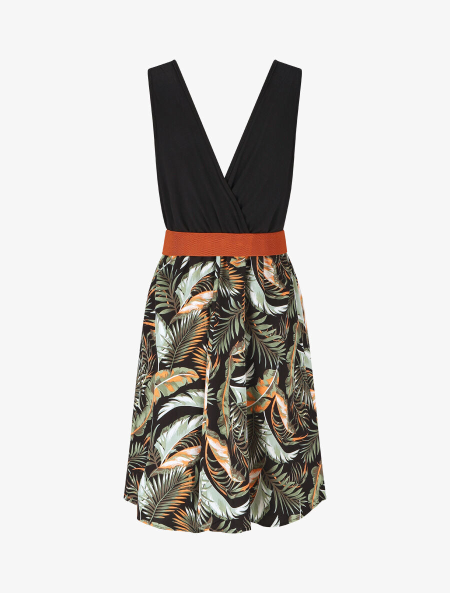 Robe mi-longue sans manches imprimé tropical - Noir - 2