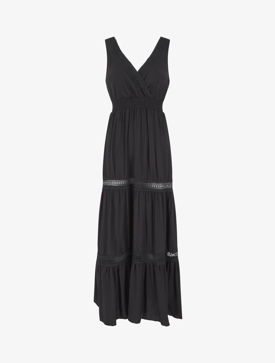 Robe longue unie ajourée - Noir - 1