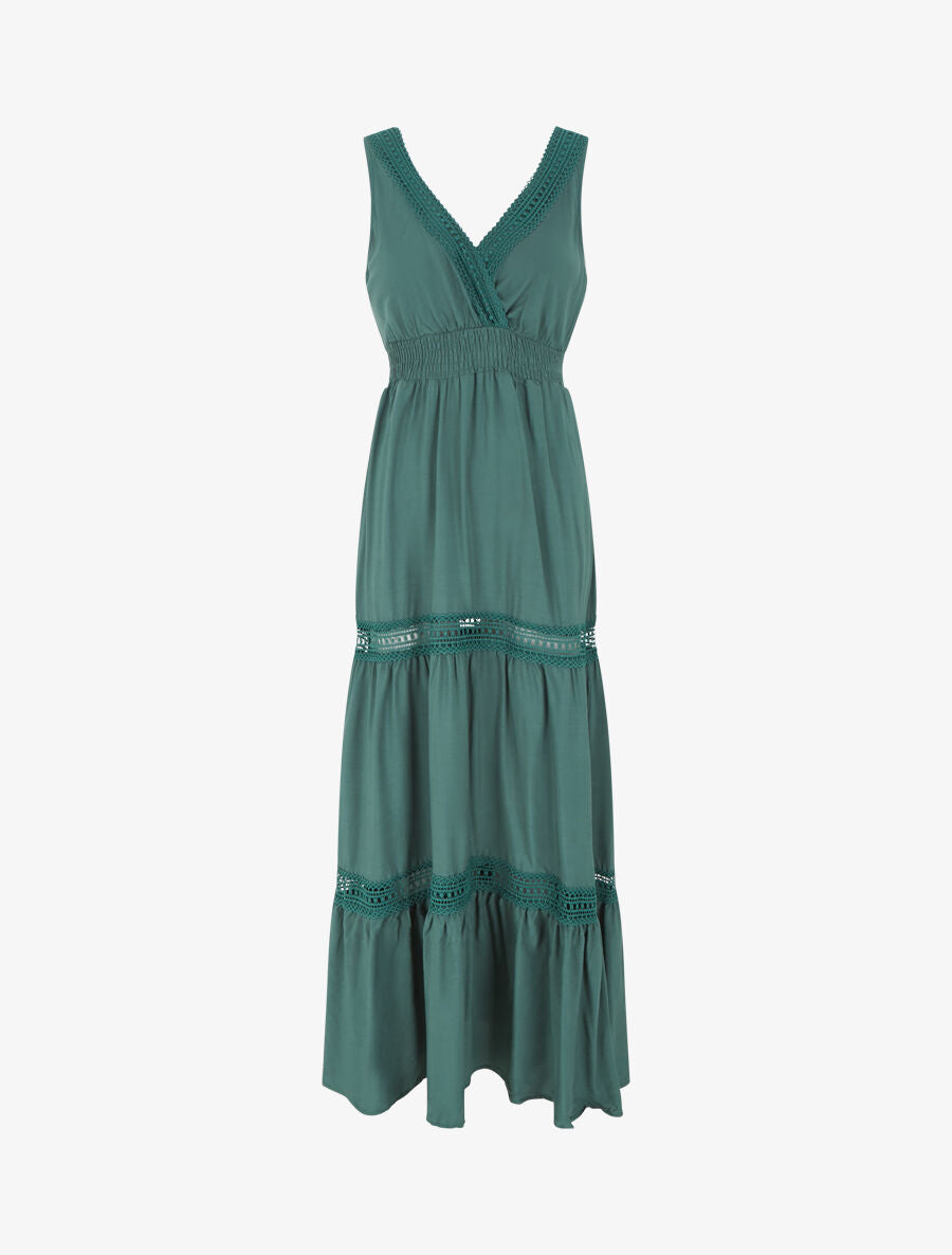 Robe longue unie ajourée - Vert sapin - 4