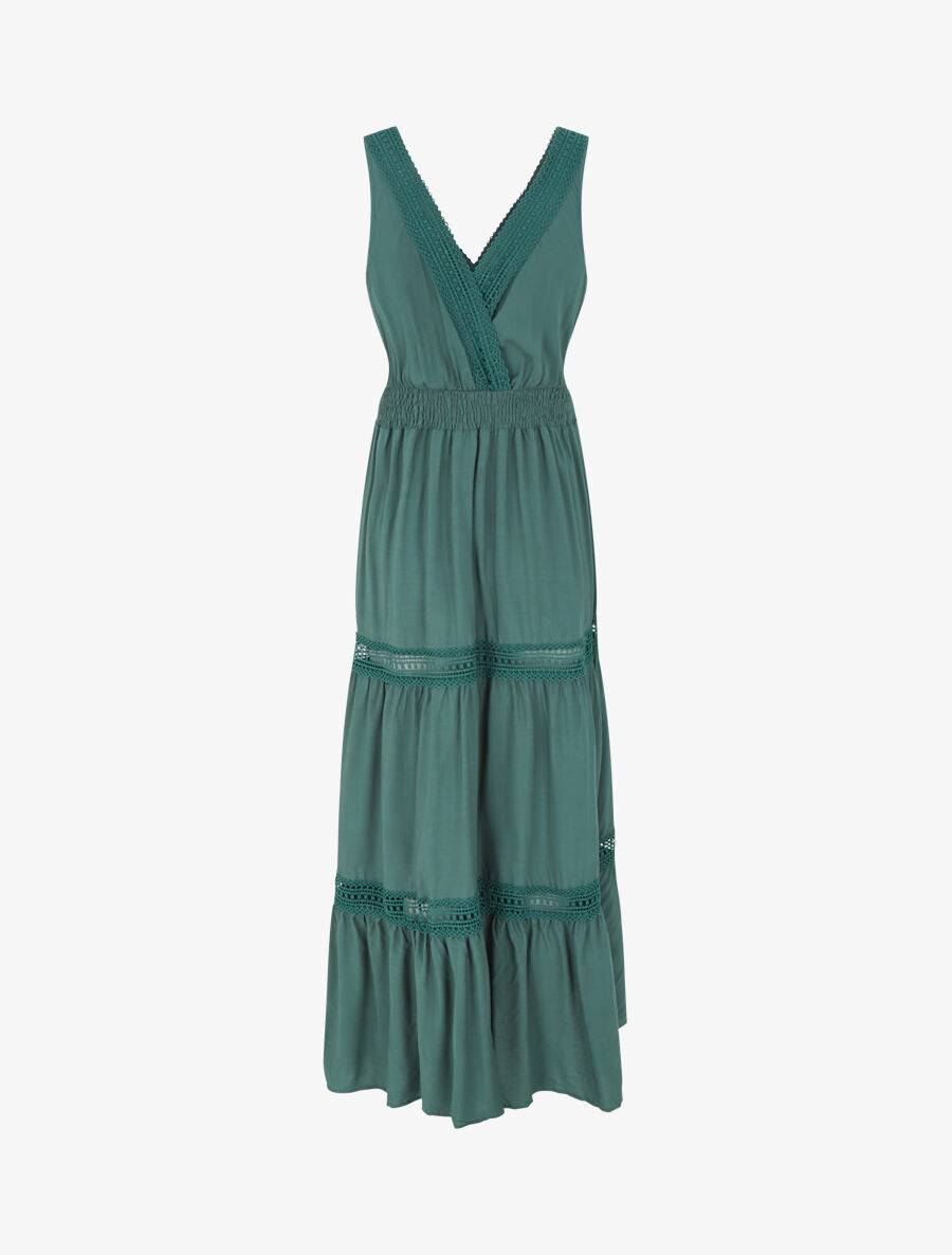 Robe longue unie ajourée - Vert sapin - 2