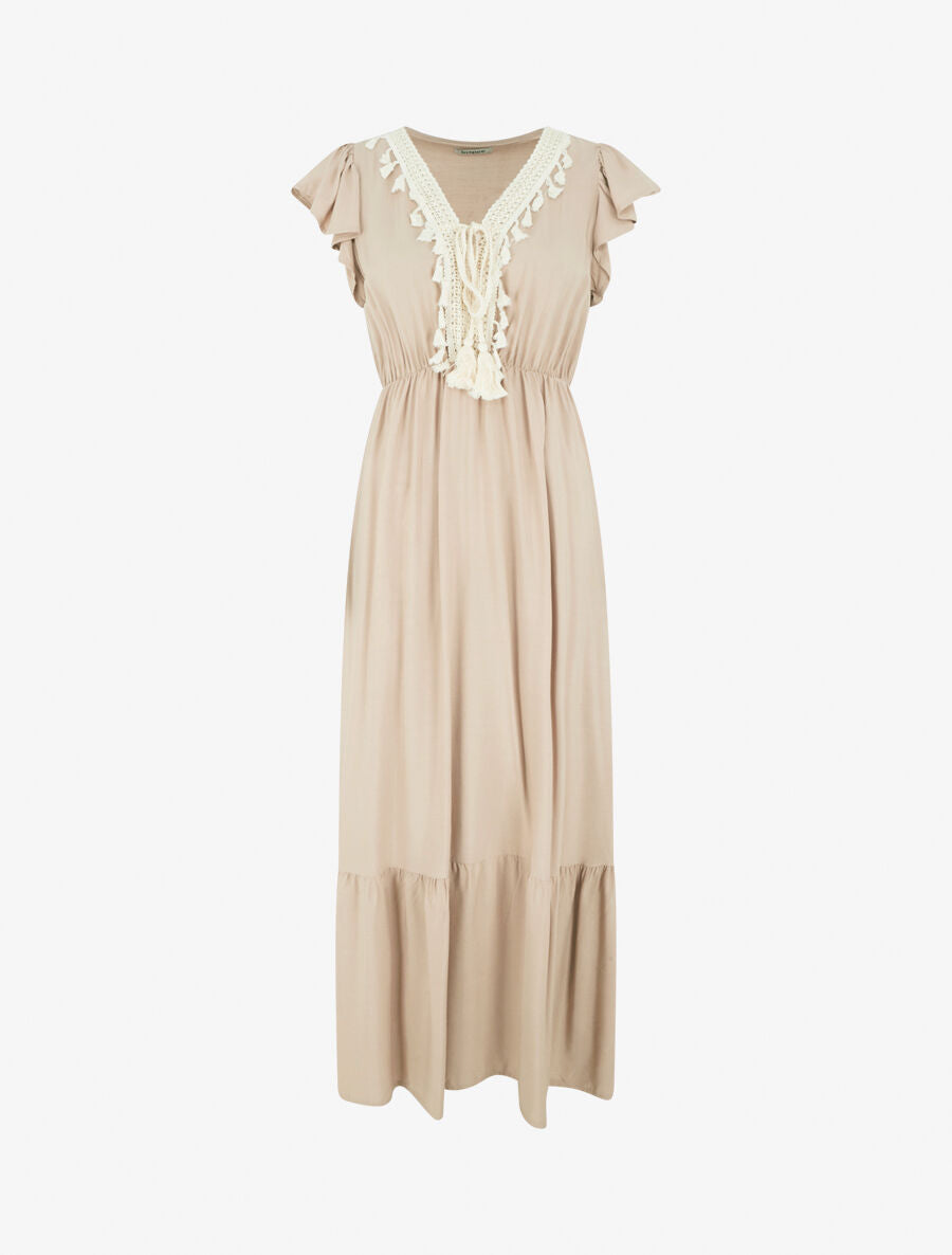 Robe longue évasée unie - Beige - 4