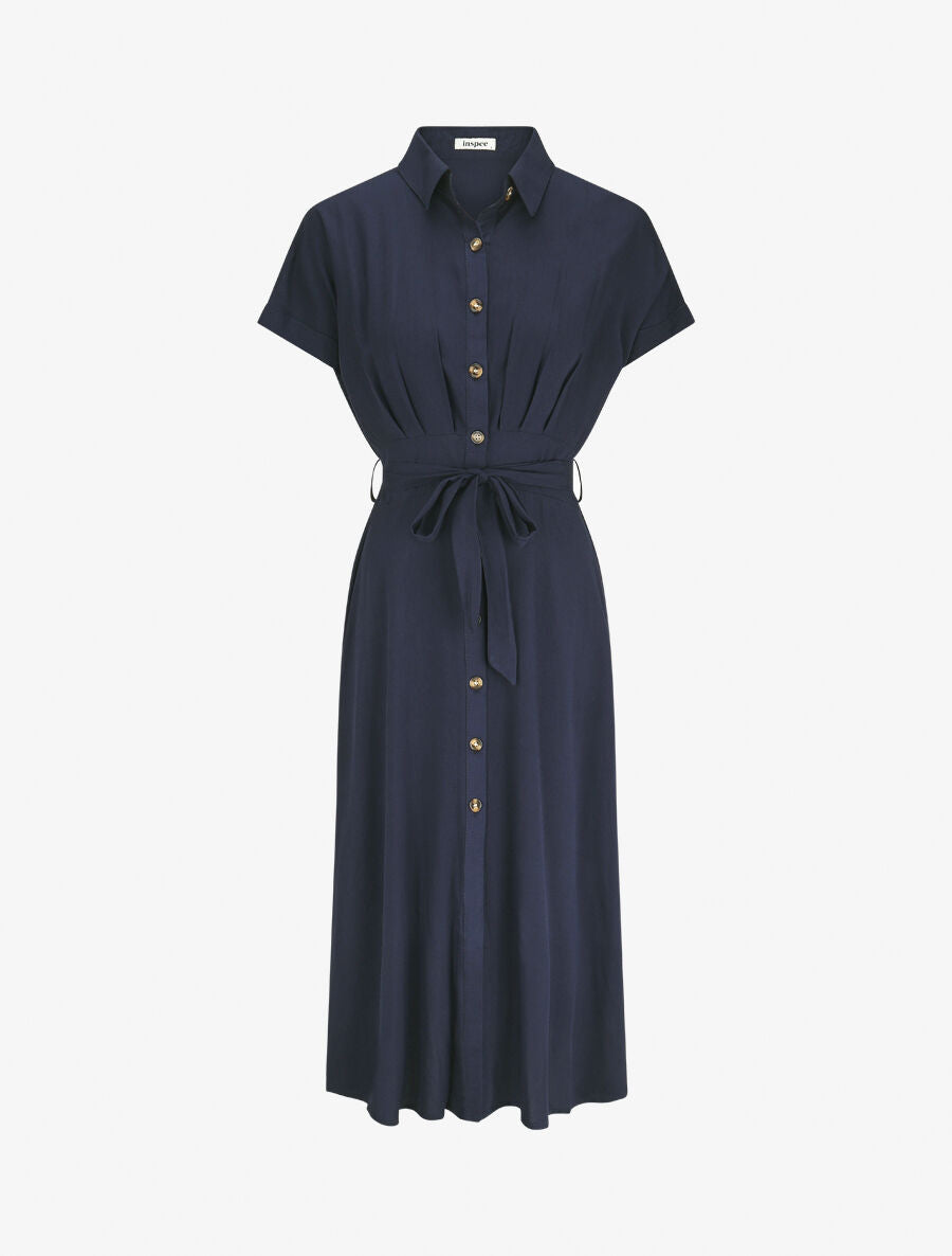 Robe chemise longue évasée et unie - Marine - 5