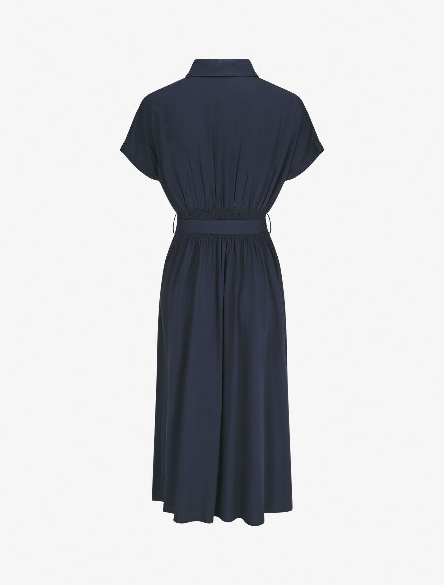 Robe chemise longue évasée et unie - Marine - 2