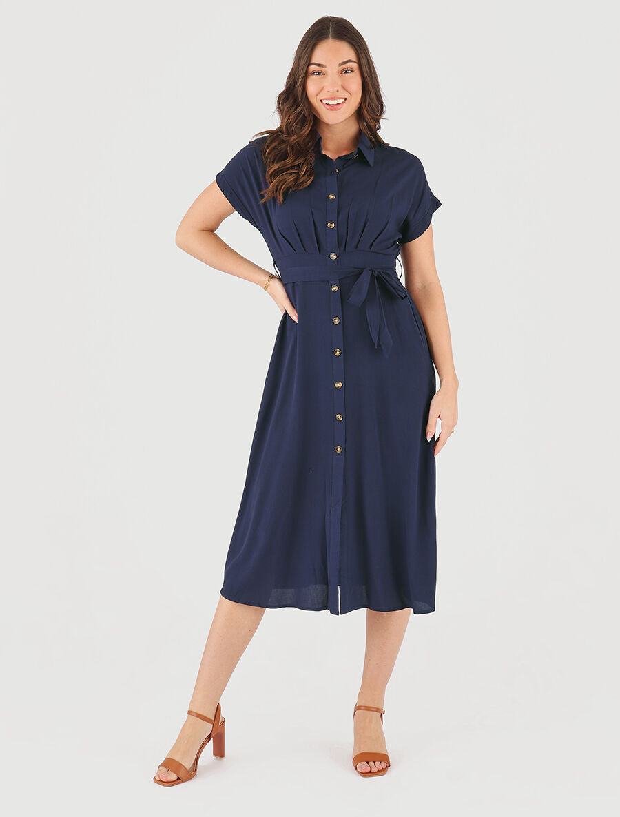 Robe chemise longue évasée et unie - Marine - 4