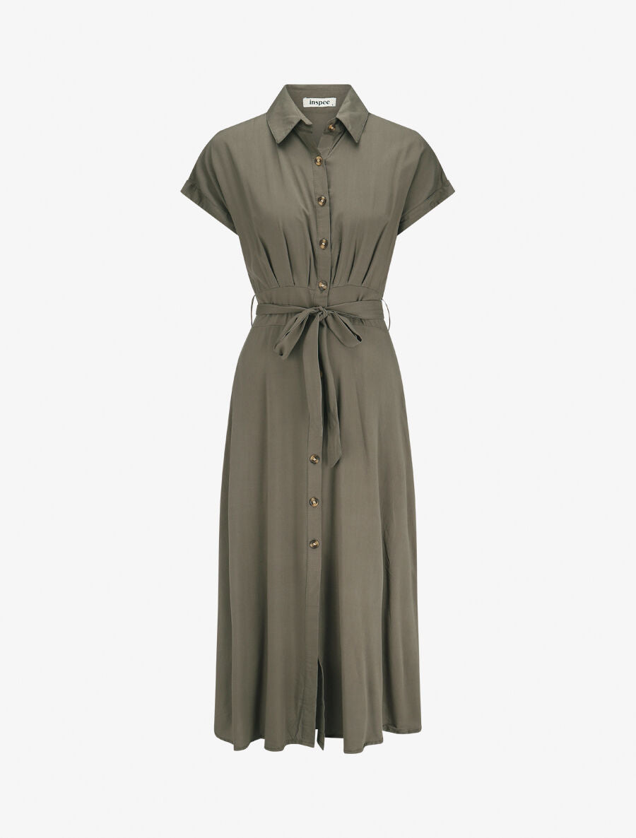 Robe chemise longue évasée et unie - Kaki - 5