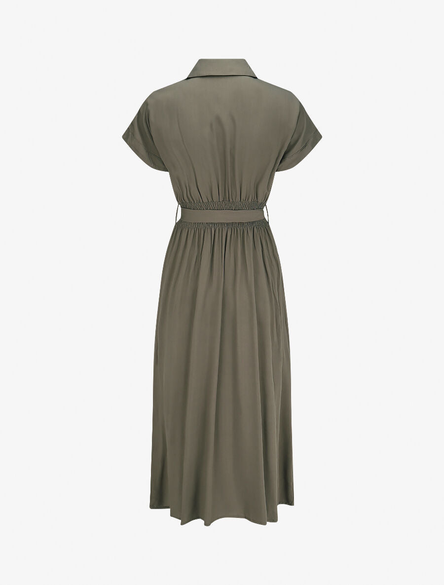 Robe chemise longue évasée et unie - Kaki - 2