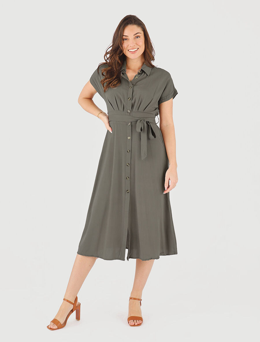 Robe chemise longue évasée et unie - Kaki - 4