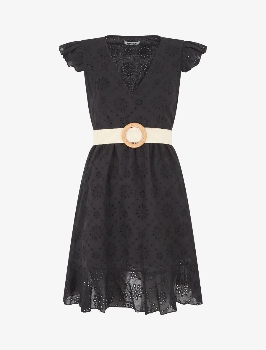 Robe courte évasée en broderie anglaise - Noir - 4