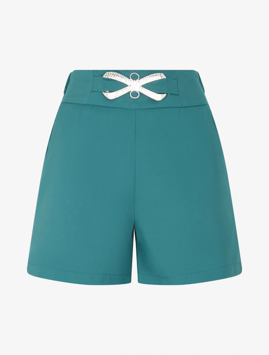 Short droit taille haute à boucle style noeud - Bleu canard - 1