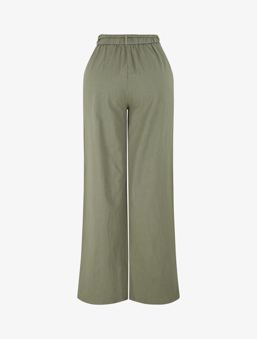 Pantalon large élastiqué effet lin - Kaki - 2