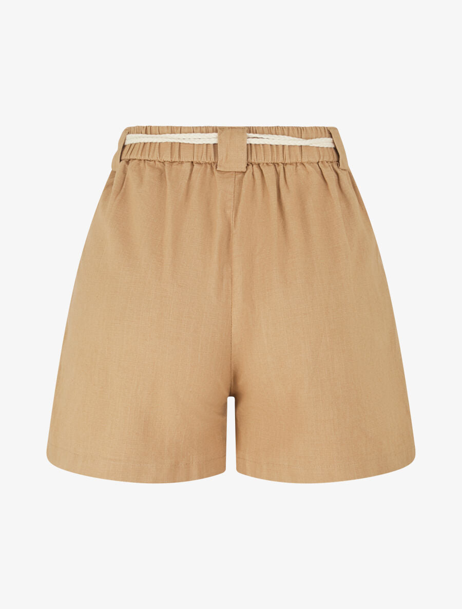 Short élastiqué effet lin - Camel - 2