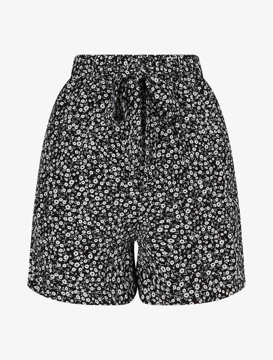Short fluide imprimé fleuri et ceinturé - Noir - 1