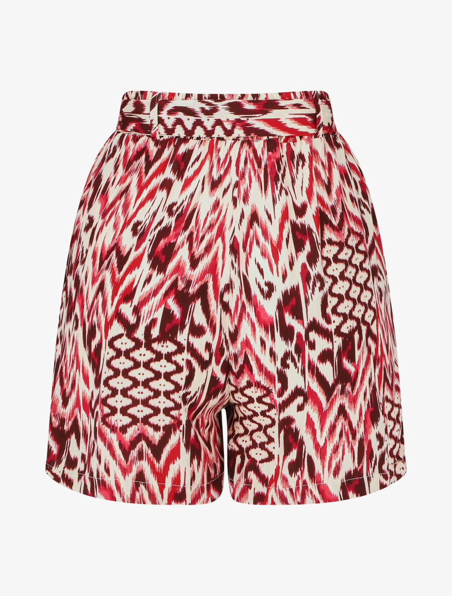 Short fluide imprimé abstrait et ceinturé - Rouge - 2