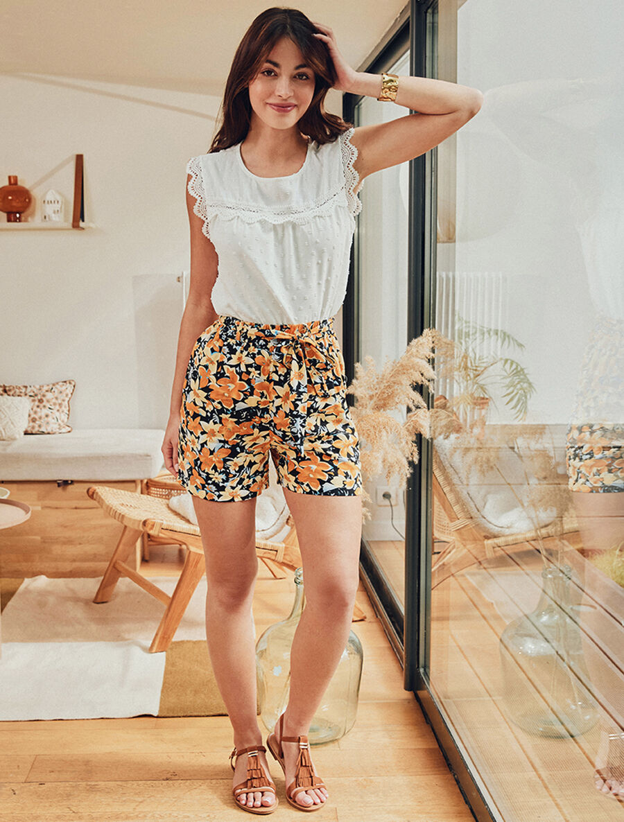 Short fluide imprimé fleuri et ceinturé - Noir - 5