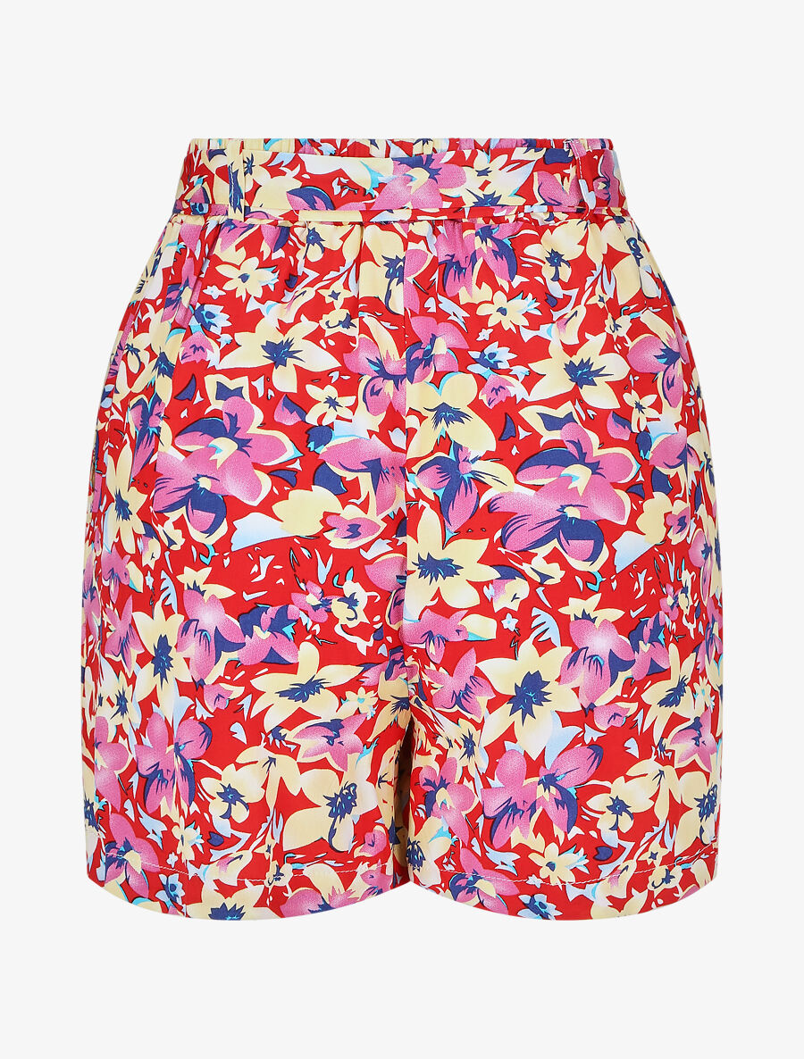 Short fluide imprimé fleuri et ceinturé - Rouge - 2