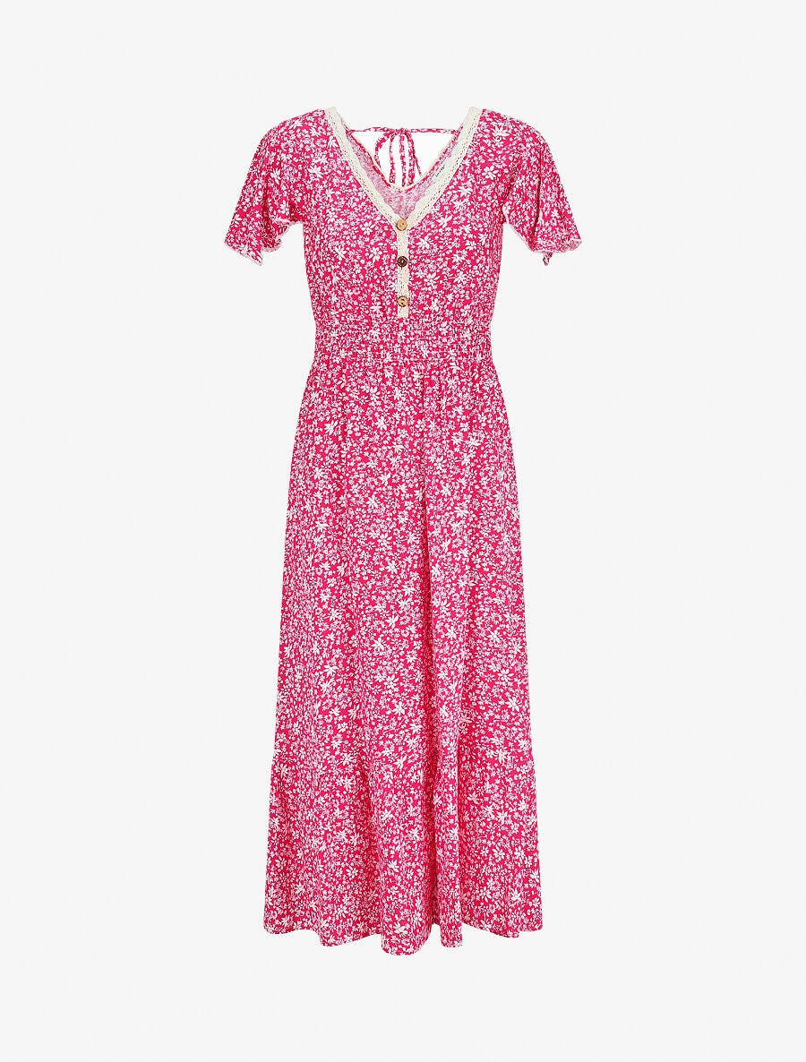 Robe longue manches courtes à petites fleurs - Fushia - 4