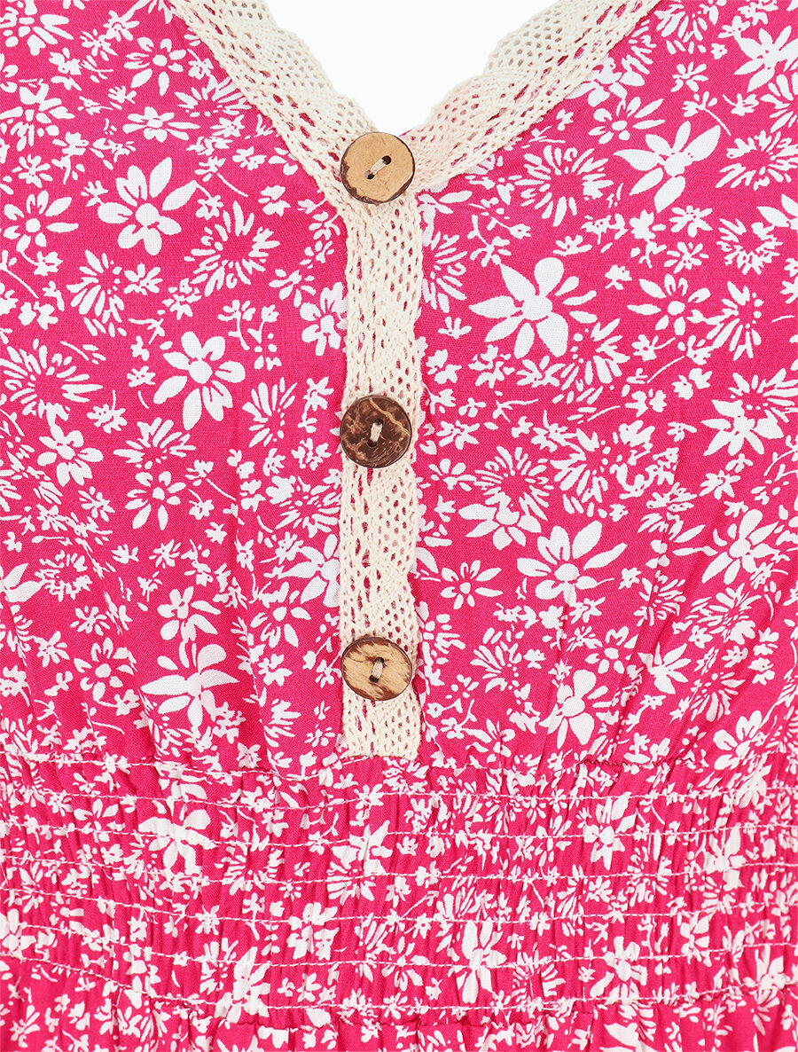 Robe longue manches courtes à petites fleurs - Fushia - 3