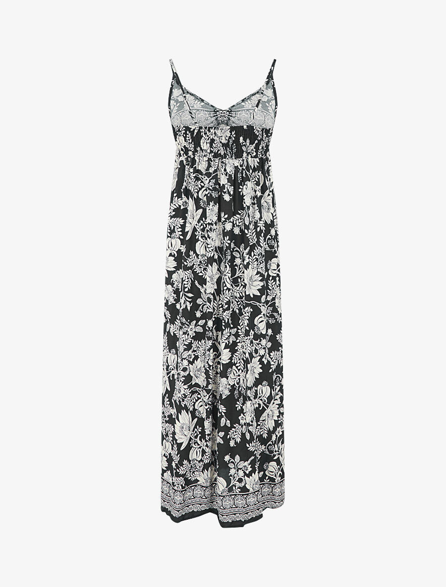 Robe longue empire à liens imprimé à fleurs - Noir - 2