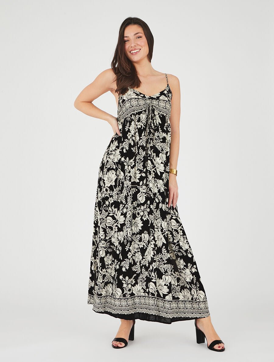Robe longue empire à liens imprimé à fleurs - Noir - 4