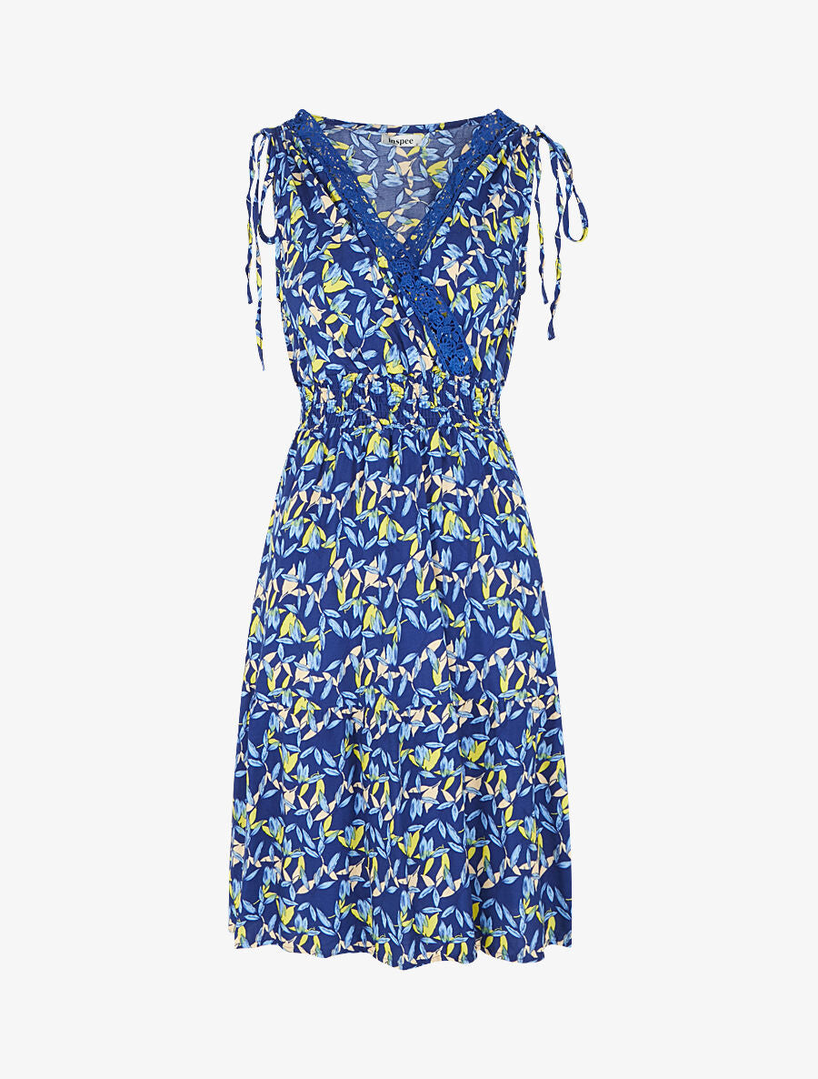 Robe imprimé petites feuilles à col cache-coeur - Marine - 1