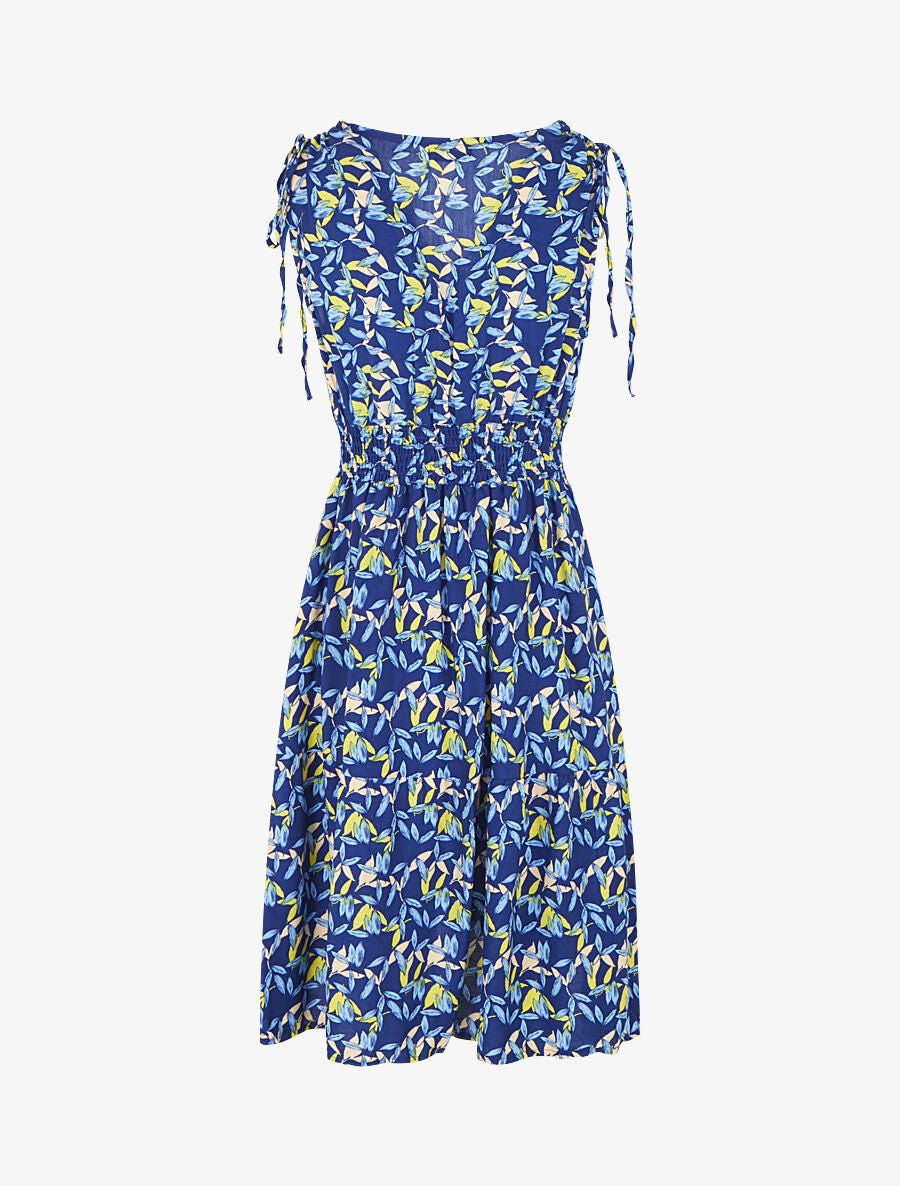 Robe imprimé petites feuilles à col cache-coeur - Marine - 2