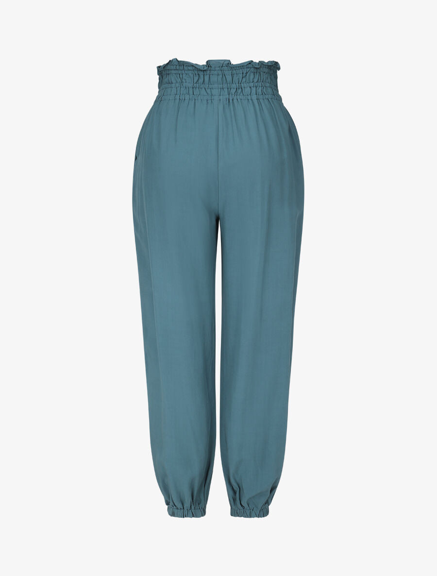Pantalon uni à bords élastiqués et boutons décoratifs - Bleu canard - 2