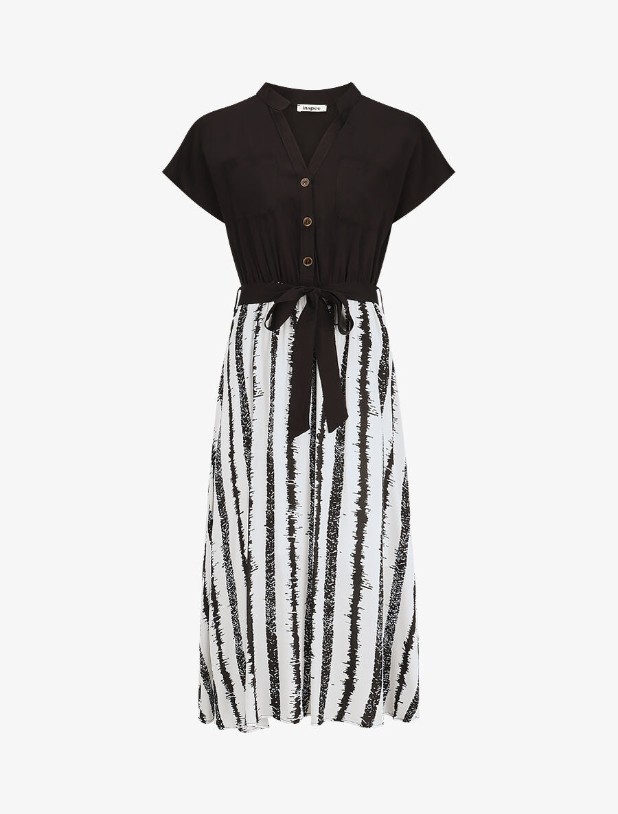 Robe longue élastiquée à jupe imprimé rayures - Blanc - 1