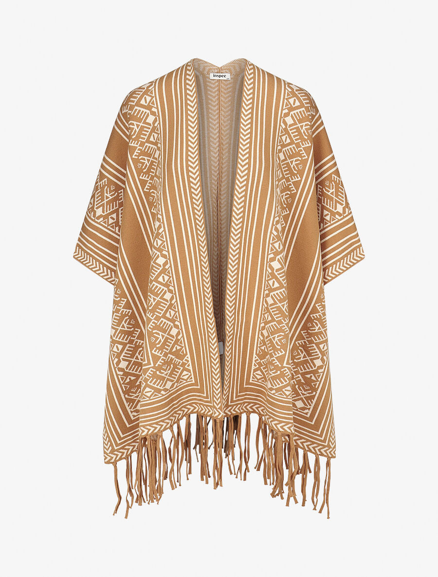 Poncho à imprimé graphique et franges - Camel - 4