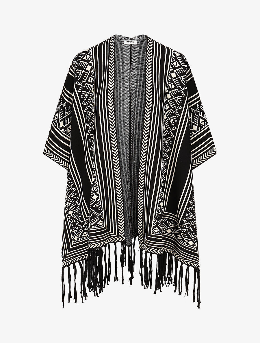 Poncho à imprimé graphique et franges - Noir - 1