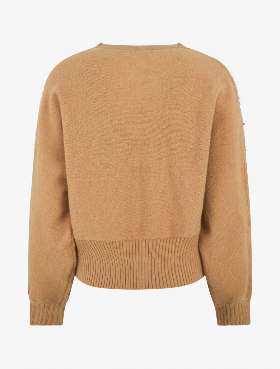 Pull uni à empiècement strass et perles aux épaules - Camel - 2