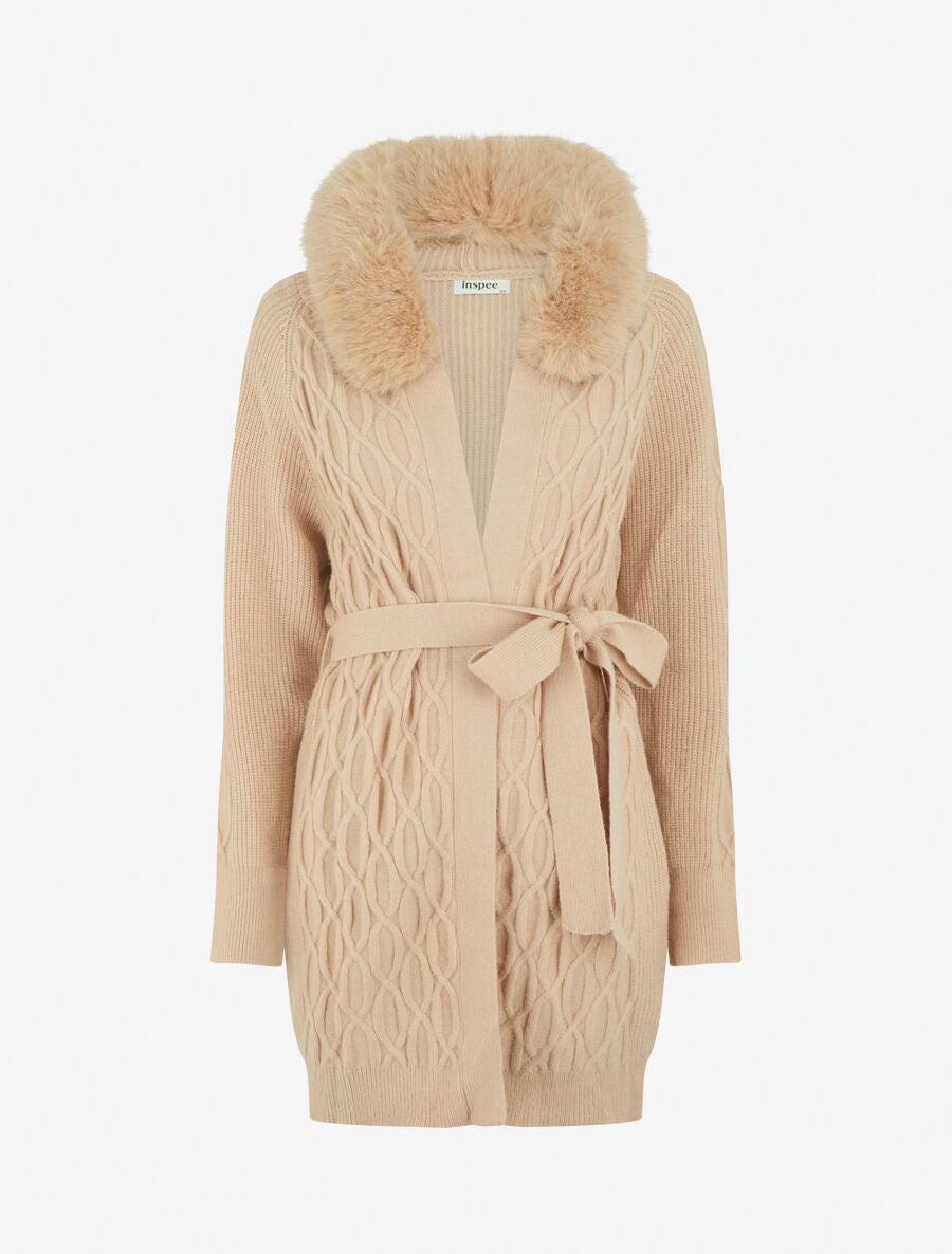 Gilet ample à col en fourrure - Beige - 1