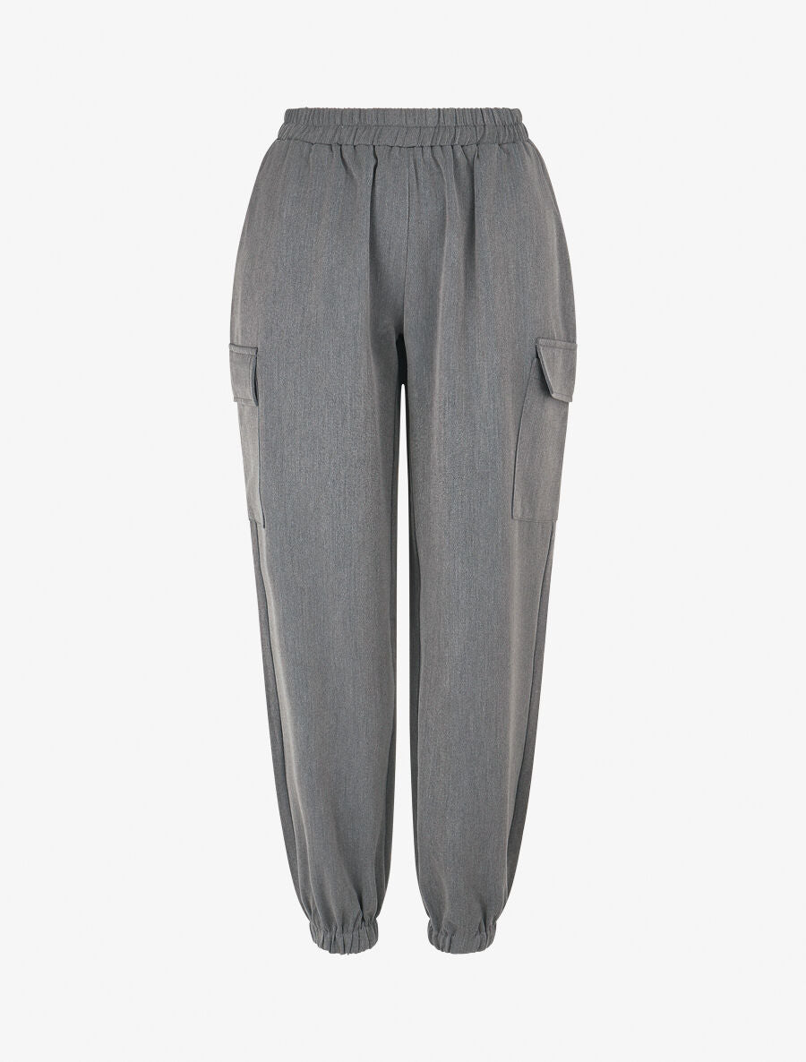 Pantalon fluide uni à bords élastiqués - Gris - 1
