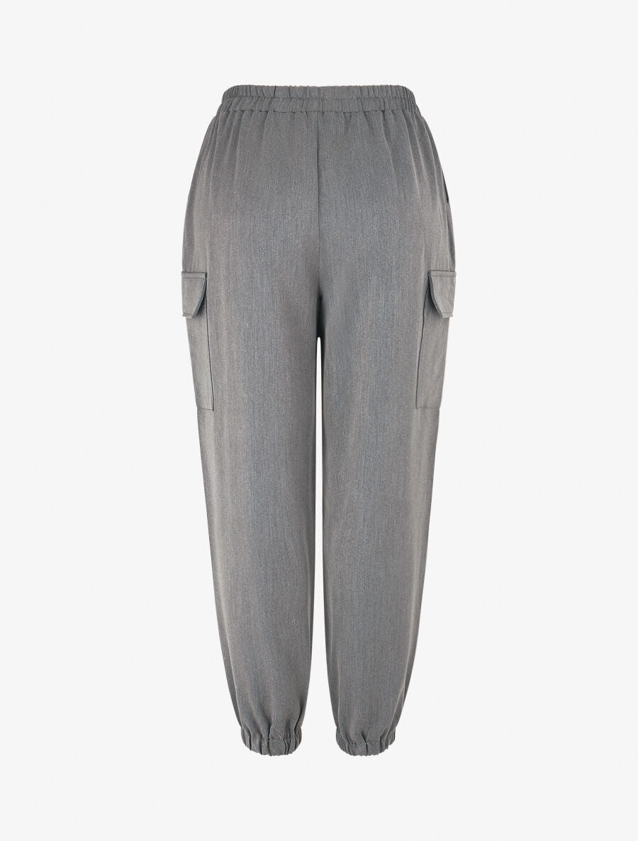 Pantalon fluide uni à bords élastiqués - Gris - 2
